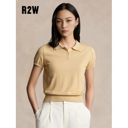 RTW美式復古polo領女t恤短袖夏收腰藍色純棉休閒通勤薄針織衫上衣