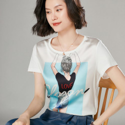 重磅真絲短袖女t恤韓版2024年夏季桑蠶絲印花上衣拼接棉半袖小衫