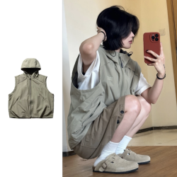兩件裝/單件夏山系戶外連帽馬甲男女肌理感坎肩口袋拉鍊機能外套