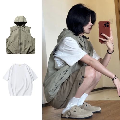兩件裝/單件夏山系戶外連帽馬甲男女肌理感坎肩口袋拉鍊機能外套