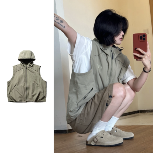 兩件裝/單件夏山系戶外連帽馬甲男女肌理感坎肩口袋拉鍊機能外套