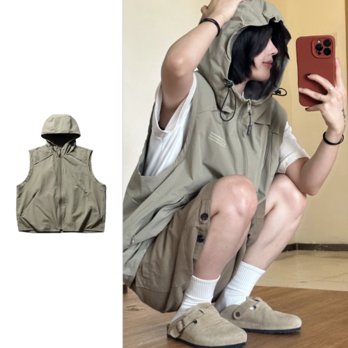 兩件裝/單件夏山系戶外連帽馬甲男女肌理感坎肩口袋拉鍊機能外套