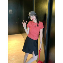 正肩短袖女t恤夏季純棉小個子韓系圓領毛圈修身復古紅色條紋上衣