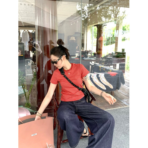 正肩短袖女t恤夏季純棉小個子韓系圓領毛圈修身復古紅色條紋上衣