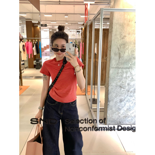 正肩短袖女t恤夏季純棉小個子韓系圓領毛圈修身復古紅色條紋上衣