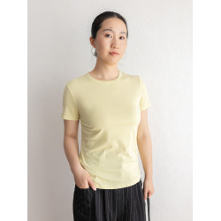JENUNIQUE夏日會呼吸萊賽爾亞麻短袖多巴胺正肩女t恤修身圓領上衣