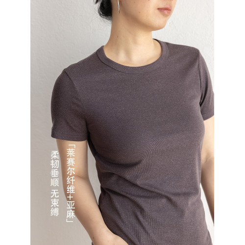 JENUNIQUE夏日會呼吸萊賽爾亞麻短袖多巴胺正肩女t恤修身圓領上衣