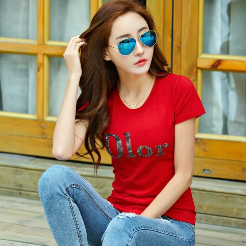 %95棉優質短袖女T恤緊身上衣韓版燙鑽修身打底衫時尚夏季小衫彈力