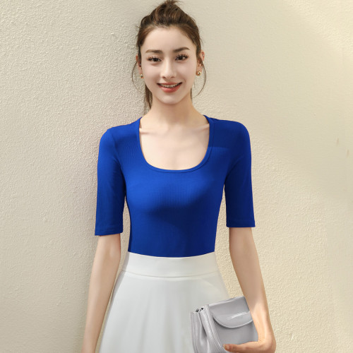 法式復古U領中袖女T恤2025春夏修身顯瘦大圓領打底衫上衣酒紅色