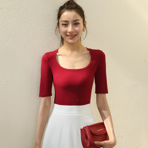 法式復古U領中袖女T恤2025春夏修身顯瘦大圓領打底衫上衣酒紅色