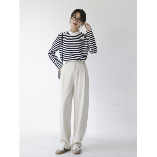純棉軟糯條紋長袖女T恤半高中領寬松顯瘦休閒外穿經典海魂打底杉