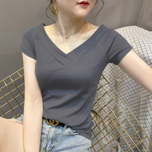 菸灰色大v領純棉短袖女t恤夏季新款雙V低領露背性感修身半袖上衣