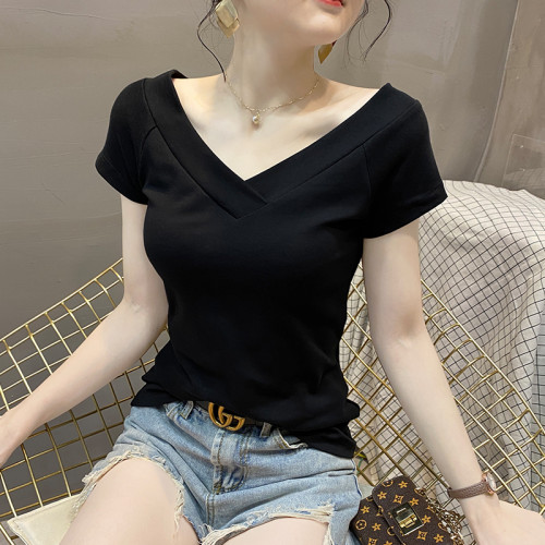 菸灰色大v領純棉短袖女t恤夏季新款雙V低領露背性感修身半袖上衣