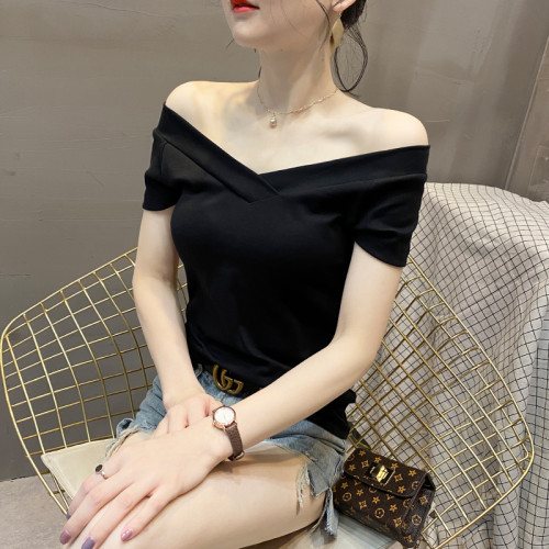 菸灰色大v領純棉短袖女t恤夏季新款雙V低領露背性感修身半袖上衣
