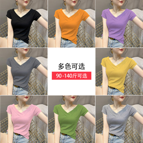 菸灰色大v領純棉短袖女t恤夏季新款雙V低領露背性感修身半袖上衣