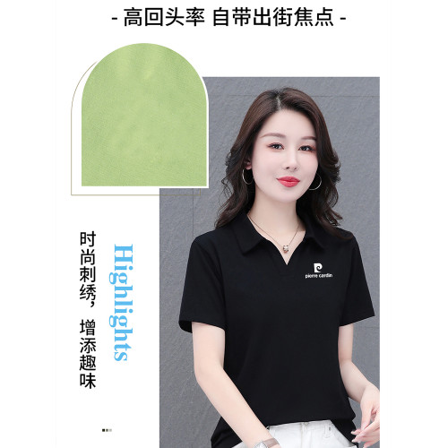 皮爾卡丹時尚純棉短袖女t恤2025新款POLO領減齡夏裝寬松遮肚上衣