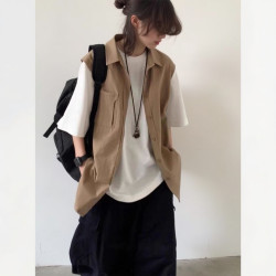 日系復古假兩件工裝短袖襯衫男女夏季休閒寬松情侶襯衣馬甲外套潮