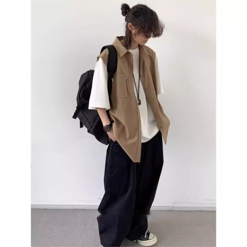 日系復古假兩件工裝短袖襯衫男女夏季休閒寬松情侶襯衣馬甲外套潮