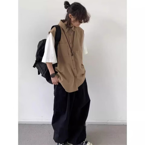 日系復古假兩件工裝短袖襯衫男女夏季休閒寬松情侶襯衣馬甲外套潮
