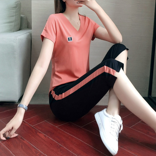 運動套裝女夏季速乾冰絲薄款短袖休閒服夏裝七分褲跑步兩件套品牌