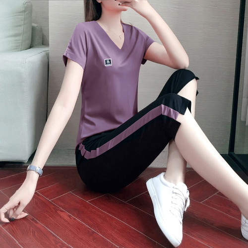 運動套裝女夏季速乾冰絲薄款短袖休閒服夏裝七分褲跑步兩件套品牌