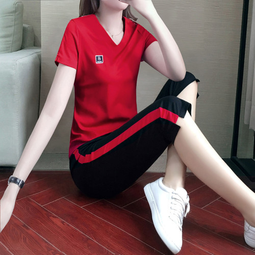 運動套裝女夏季速乾冰絲薄款短袖休閒服夏裝七分褲跑步兩件套品牌