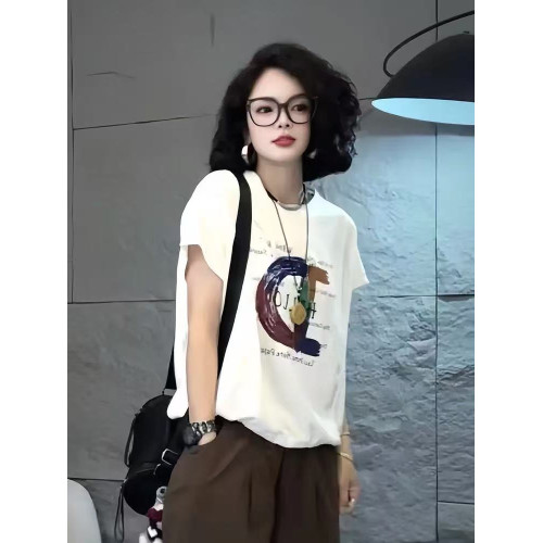圓領短袖女t恤夏季2025新款寬松顯瘦字母印花洋氣高級感上衣薄款