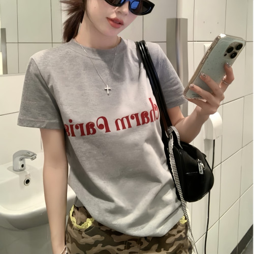美式復古灰色圓領正肩女t恤夏季設計感小衆修身顯瘦百搭短袖上衣