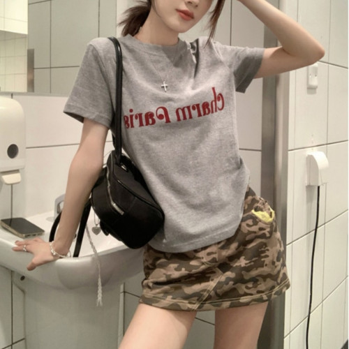 美式復古灰色圓領正肩女t恤夏季設計感小衆修身顯瘦百搭短袖上衣