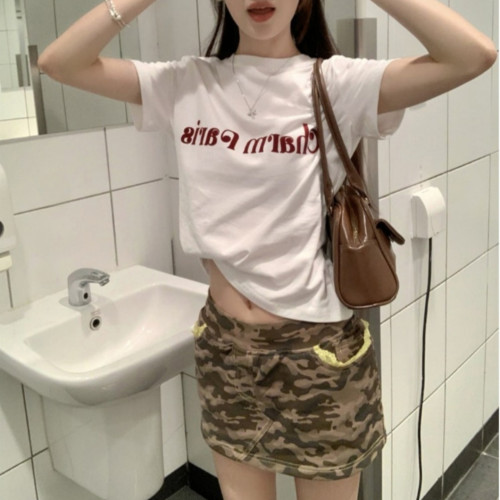 美式復古灰色圓領正肩女t恤夏季設計感小衆修身顯瘦百搭短袖上衣