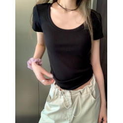正肩短袖女t恤夏小個子韓系大領口鎖骨顯瘦修身辣妹U領灰色上衣