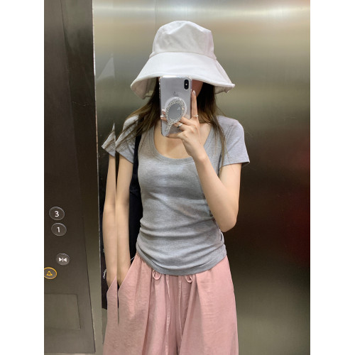 正肩短袖女t恤夏小個子韓系大領口鎖骨顯瘦修身辣妹U領灰色上衣