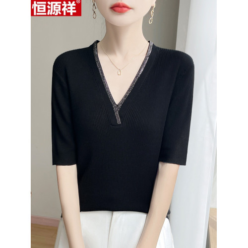 恒源祥純桑蠶絲短袖女T恤夏季新款寬松V領針織衫純色上衣時尚真絲
