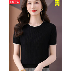 2025夏季新款冰絲針織衫女t恤短袖圓領桑蠶絲上衣媽媽裝洋氣薄款