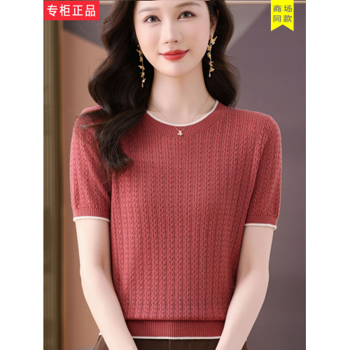 2025夏季新款冰絲針織衫女t恤短袖圓領桑蠶絲上衣媽媽裝洋氣薄款