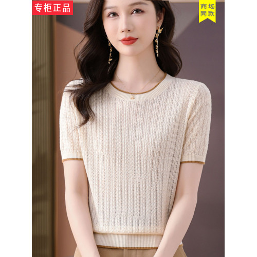 2025夏季新款冰絲針織衫女t恤短袖圓領桑蠶絲上衣媽媽裝洋氣薄款