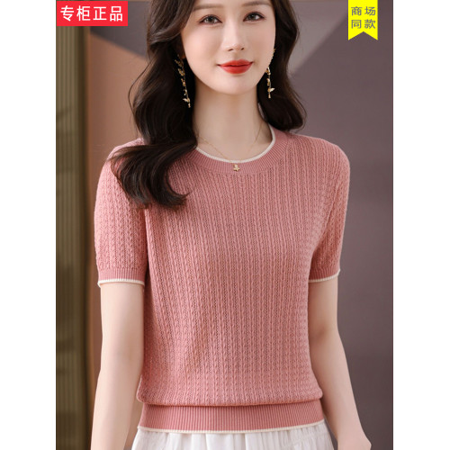 2025夏季新款冰絲針織衫女t恤短袖圓領桑蠶絲上衣媽媽裝洋氣薄款
