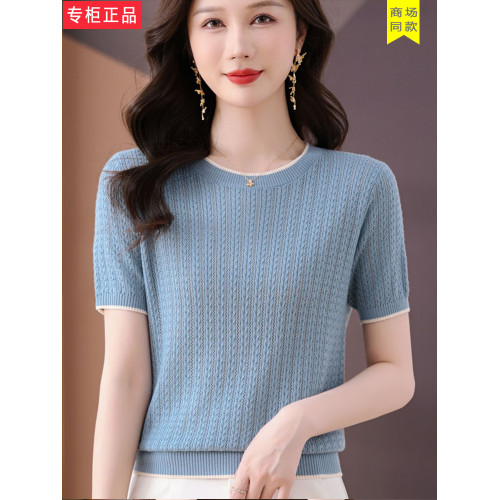 2025夏季新款冰絲針織衫女t恤短袖圓領桑蠶絲上衣媽媽裝洋氣薄款