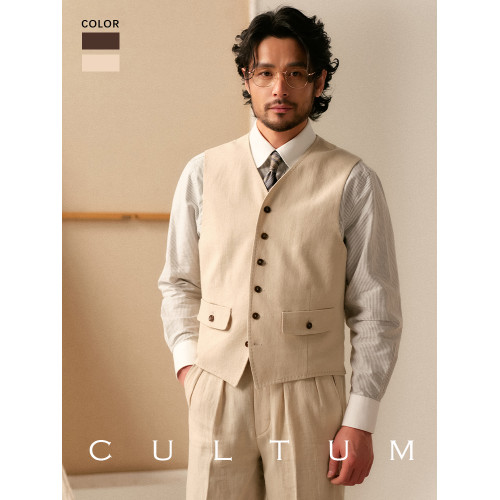 【柔軟輕薄】CULTUM苧麻天絲雙口袋古典西裝馬甲男士休閒西服馬夾