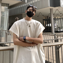 韓國高街原創無袖背心男ins潮牌夏季廓形寬松落肩情侶t恤砍袖上衣
