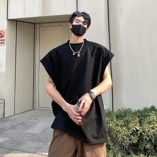 韓國高街原創無袖背心男ins潮牌夏季廓形寬松落肩情侶t恤砍袖上衣
