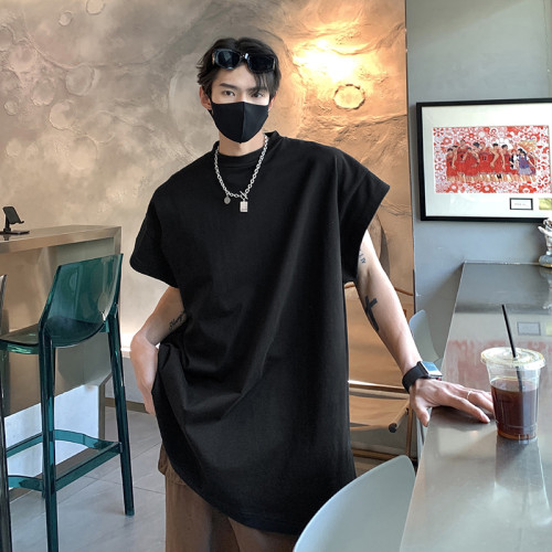 韓國高街原創無袖背心男ins潮牌夏季廓形寬松落肩情侶t恤砍袖上衣