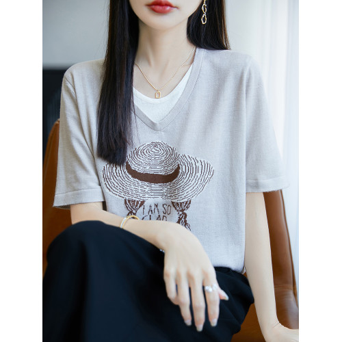獨特漂亮冰絲針織短袖女t恤2025新款夏薄款半袖寬松v領假兩件上衣