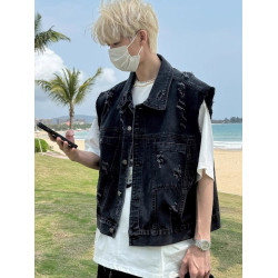 美式復古水洗磨毛邊短款牛仔馬甲男夏季潮牌ins水洗做舊坎肩外套