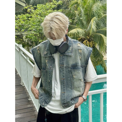 美式復古水洗磨毛邊短款牛仔馬甲男夏季潮牌ins水洗做舊坎肩外套