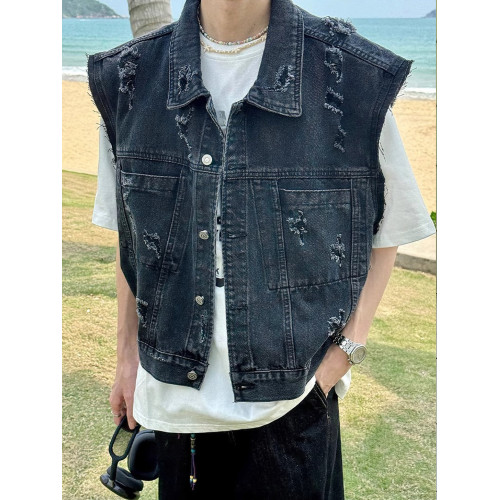 美式復古水洗磨毛邊短款牛仔馬甲男夏季潮牌ins水洗做舊坎肩外套