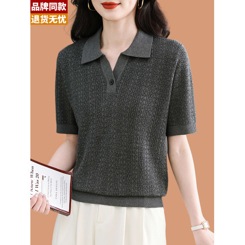 翻領冰絲針織短袖女t恤2025新款中年媽媽夏裝薄款真絲桑蠶絲T上衣
