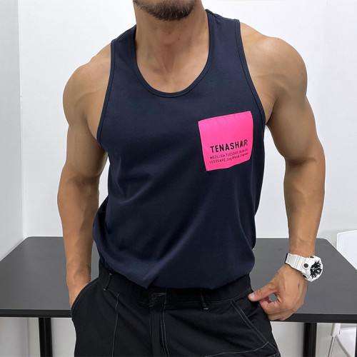 螢光撞色面料好！純棉修身背心無袖T恤肌肉男顯身材健身海灘旅遊