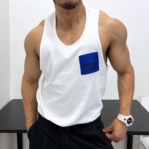 螢光撞色面料好！純棉修身背心無袖T恤肌肉男顯身材健身海灘旅遊