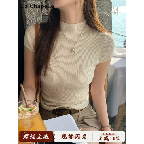 拉夏貝爾針織短袖女t恤夏季2025新款杏色內搭打底半高領修身上衣